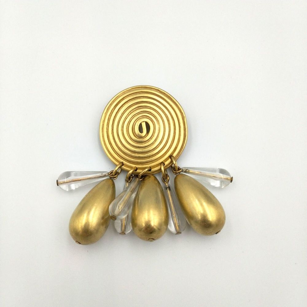 Vintage 80s DKNY Donna Karan Modernist Gold Tone Clear Lucite Dangle Brooch Pin